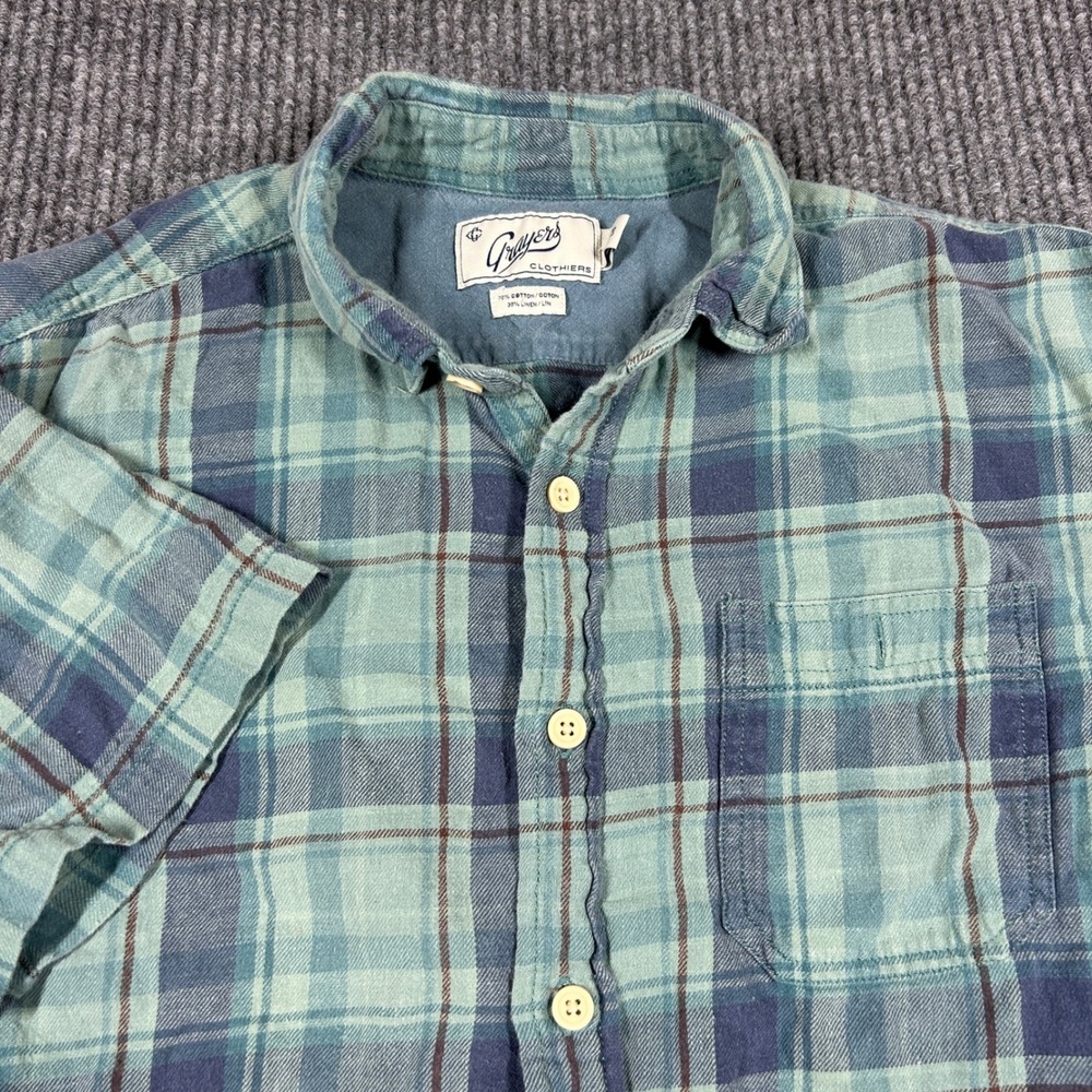 Grayers Clothiers Shirt Mens L Green Blue Plaid Short Sleeve Cotton Linen